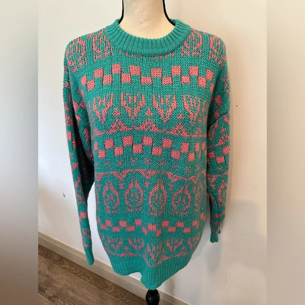 Jump by Eve Roth Vintage Sweater green and pink geo pattern knit SZ  M
